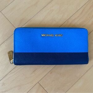 NEW Michael Kors Navy and Blue Zip Around Wallet with Gold Accents